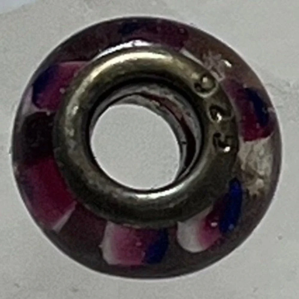 Sterling Glass Bead Lampwork Murano Style Pink White Blue Stripes Charm Necklace